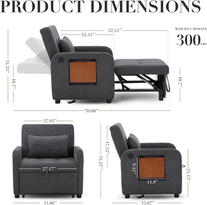 Convertible Sleeper Chair-Fabric Futon Sofa Bed, Single Sleeper Sofa, Small Couch Bed with USB Port, Foldable Table, Pillow, Adjustable Backrest for Dorm/Bedroom/College Darkgrey