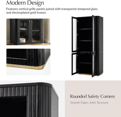 HULALA HOME Modular Display Storage Cabinet, 79.5" Tall Fluted Bookcase with Glass Doors, Modern Pantry Cabinet for Dining Room Home Office Living Room, Black