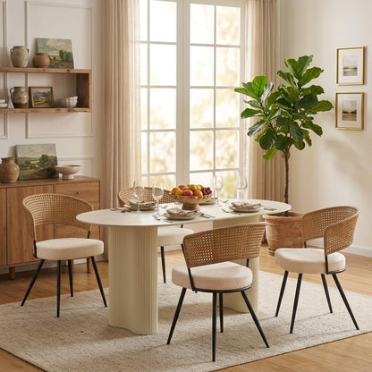 Rattan Dining Chairs Set of 4, Wing Back Dining Chairs Set of 4, PE Wicker Chairs, Cane Back Kitchen Chair with Boucle Cushion,Boucle Seat with Metal Legs for Kitchen, Bedroom