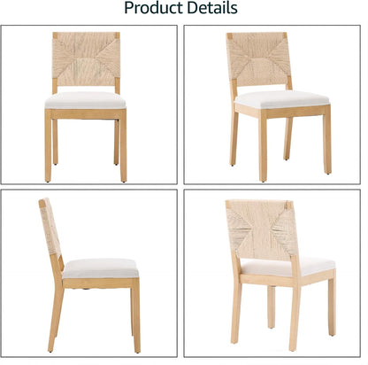 French Country Dining Chairs Set of 4, Beige Farmhouse Wood Dining Room Chairs, Woven Back Linen Upholstered Dining Chair, Solid Wood Legs, Boho Style Kitchen Chairs, Sillas de Comedor