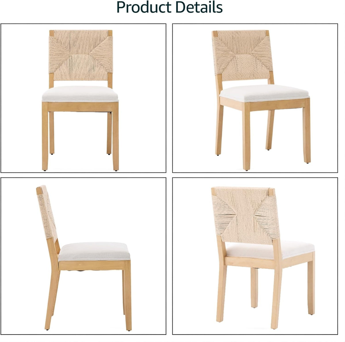 French Country Dining Chairs Set of 2, Beige Farmhouse Wood Dining Room Chairs, Woven Back Linen Upholstered Dining Chair, Solid Wood Legs, Boho Style Kitchen Chairs, Sillas de Comedor