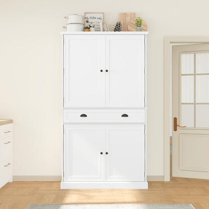 Polibi Freestanding Pantry Cabinet with 4 Doors & 1 Drawer, 3 Adjustable Shelves & Pull-Out Trays, Shaker Style Kitchen Storage for Dining Room, Living Room, Entryway (White)