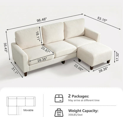 L Shaped Sectional Couch for Living Room, Modular Small Sofa with Ottoman | 96 Inch, 3 Deep Seats, White, Chenille, Easy Tool-Free Assembly, Modern Compact Sofa Set for Apartment, Office, Small Space