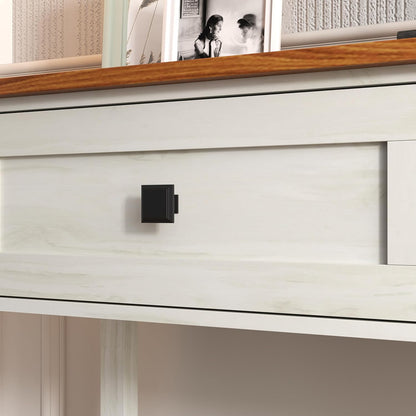 Knocbel Small Console Table with 2 Drawers with Metal Handles, Farmhouse Side Tables with Brown Woodgrain Top and Bottom Shelf for Entryway Living Room, 39.37" W x 11.61" D x 32.08" H, Antique White