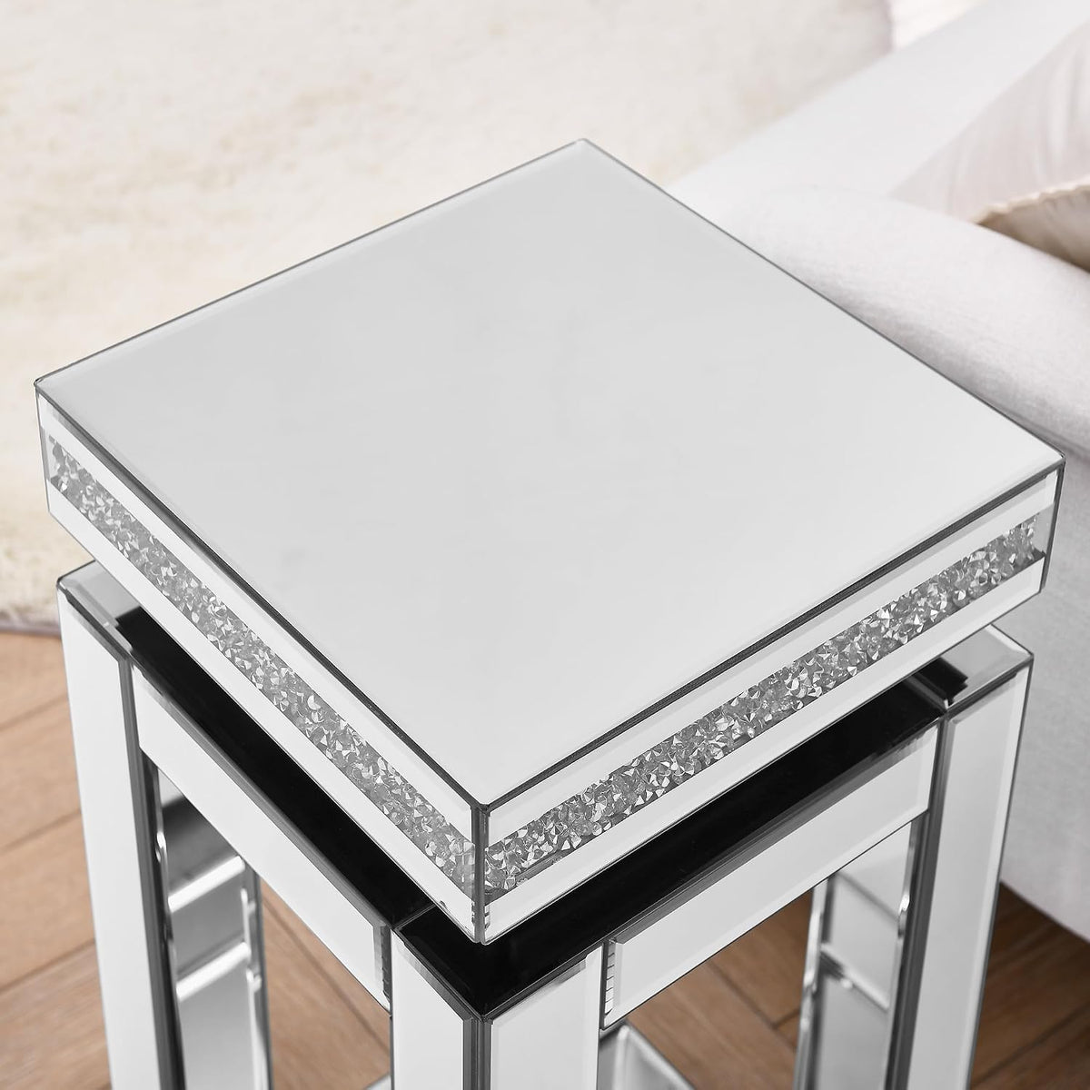 IKIFLY Mirrored Nightstand with Storage, Silver End Table with Square Tabletop, Accent Beside Table with Crushed Diamond for Living Room, Bedroom and Office