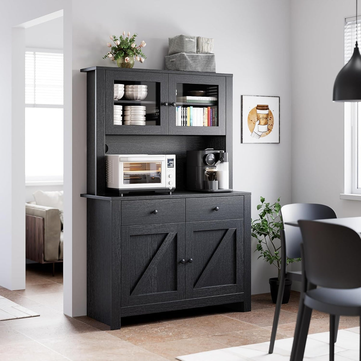 GarveeHome Kitchen Pantry Cabinet with Microwave Stand, Freestanding Hutch Cabinet with Buffet Cupboard, Tall Kitchen Cabinets with Adjustable Shelves for Dining Room, Black