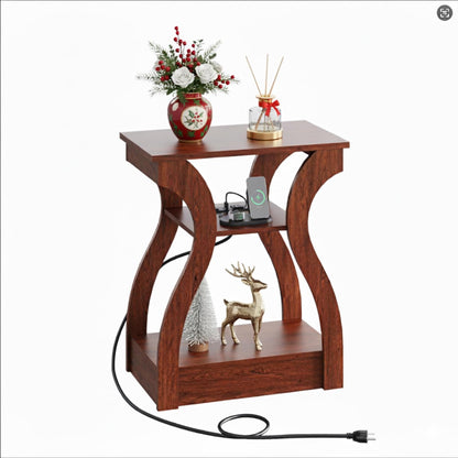 WLIVE End Tables Living Room Set of 2, Cherry Side Tables with Charging Station, Nightstand for Bedroom, 3 Tier End Table with Storage Shelf, Side Table Set of 2 for Living Room, Cherry