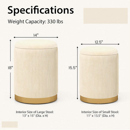 GIANTEX Ottoman with Storage, 1 Large & 1 Small Nesting Ottoman Side Table | Set of 2 Storage Ottomans, Upholstered Velvet/Linen Round Foot Rest Vanity Stool for Bedroom Living Room, Beige & Golden