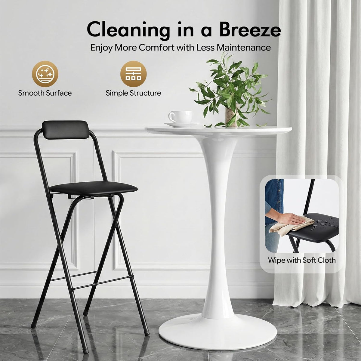 Folding Bar Stool with Back, 30 Inch Tall Foldable Bar Chair with Backrest Sponge Cushion, Counter Height Portable Folding Stool, for Kitchens Dining Rooms Bars Cafes (Black, 1Pcs)