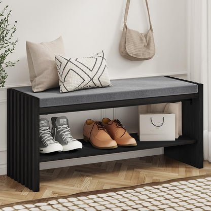 BON AUGURE 40" Entryway Shoe Bench with Storage & Cushion, Modern Fluted Shoe Rack for Mudroom, Sturdy Wooden Hallway Bench with 360 lbs Capacity, Black Oak