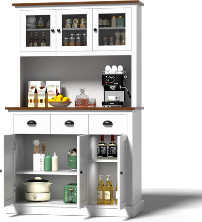 MU 71" Kitchen Pantry Cabinet with Charging Station, Tall Pantry Hutch with Drawers, Countertop & Microwave Shelf, Food Storage Cabinet for Dining Room & Coffee Bar, White