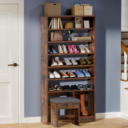 DWVO Shoe Cabinet with Hidden Bench, 8 Tiers Free Standing Shoe Racks, 70.9'' Tall Shoe Cabinet with Open Storage & High Boots Cubby for Entryway, Living Room, Rustic Brown