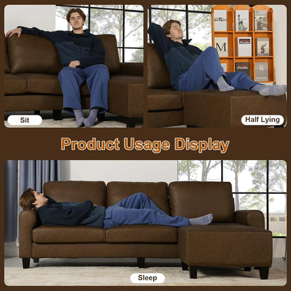 EASE MOOSE 100" Faux Leather L-Shaped Sofa Couch for Living Room, DeepBrown | Movable Ottoman, Removable Cover, Waterproof & Scratch-Resistant, Easy Clean, Easy Assembly, Ideal for Small Spaces