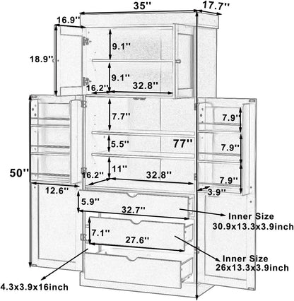Large Freestanding Kitchen Pantry Cabinet, Cupboard Storage Cabinet with Adjustable Shelves, Door Shelves, Drawers and Wine Racks for Kitchen, Dining Room (White)