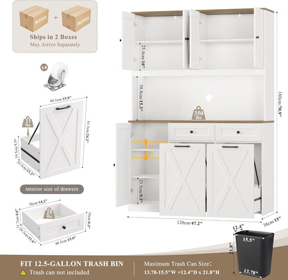 HOSTACK 71" Kitchen Pantry with 12.5 Gallon Double Trash Can Cabinet, White | Farmhouse Garbage Can Cabinet with Pull Out Trash Can Storage, 47"W Kitchen Hutch with Hidden Garbage Storage for Dining Room