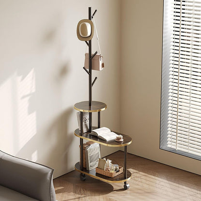 End Table with Coat Rack 3-Tier Couch Side Table with Storage for Small Space Rolling Bedside Tables for Living Room Bedroom 60x30x169CM (Brown)