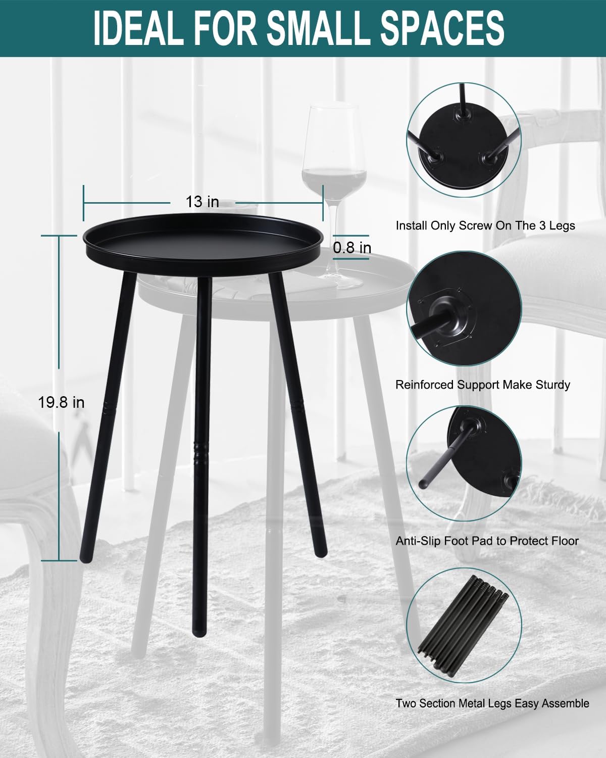 AOJEZOR Side Table: End Table for Any Room - Small Side Tables for Small Spaces All Matte Black with 3 Legged
