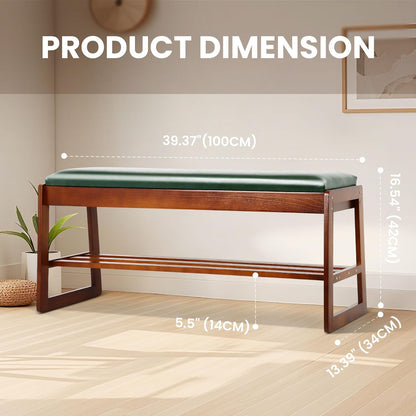 FAHKNS Shoe Bench with Leather Cushion 2 Tiers Shoe Rack 39.4" Rubberwood Shoe Organizer for Hallway, Living Room, Bedroom, Closet