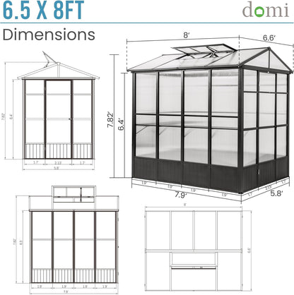 Domi 6.5x8FT Polycarbonate Greenhouse with Automatic Vent, Extra Tall 7.8FT Walk-in Aluminum Frame, Weather-Resistant Green House with Shelves & Hooks for Outdoor Garden, Backyard, Dark Grey