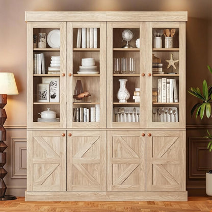 ivaniti 71" Tall Farmhouse Kitchen Pantry, Rustic Brown Wood Storage Cabinet with Glass Doors and Adjustable Shelves, Versatile Hutch for Dining Room, Living Room, Set of 2