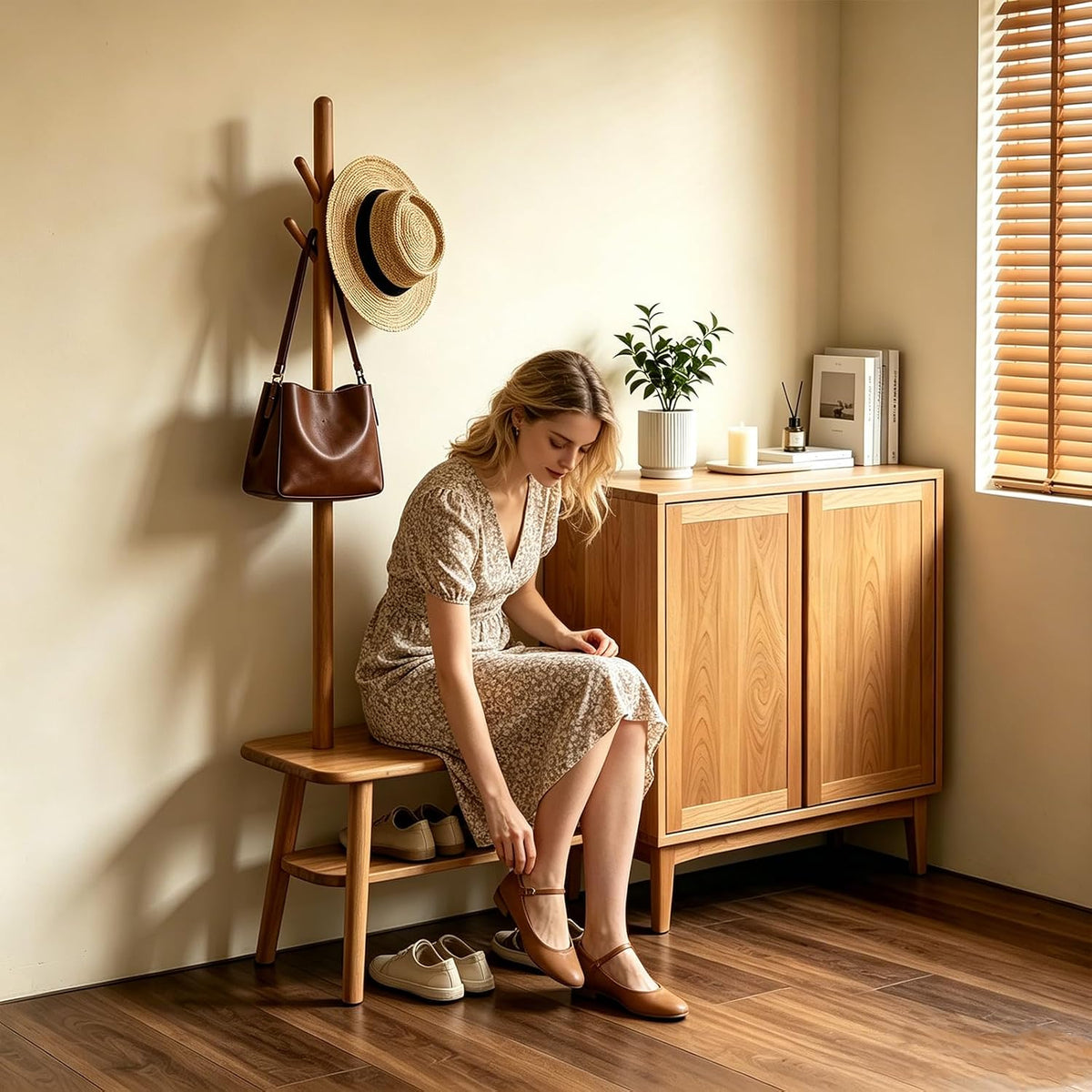 Solid Oak Coat Rack with Bench, 2-in-1 Shoe Bench and Coat Rack, Narrow Wooden Entryway Organizer with Hooks for Hallway, Foyer, Bedroom, Natural Oak Finish