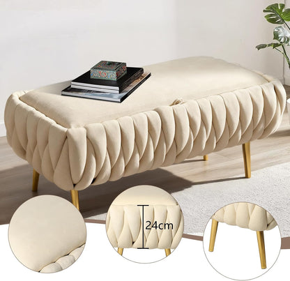 End of Bed Bedroom Storage Bench Upholstered, Hand-Woven Storage Ottoman Bench for Bedroom with Hinged Lid Golden Legs, for Living Room, Entryway Beige