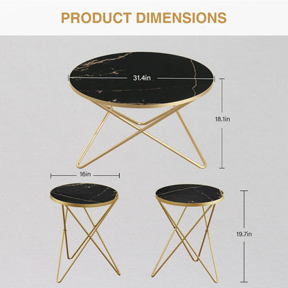 HLR Modern Round Coffee Table and Side Table Set of 3,End Table with Faux Marble Top and Gold Metal Frame, Side Table for Living Room, Bedroom, Sofa and Couch, Gold Legs, Black Marble Top