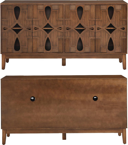 LKTART 60" Mid Century Modern Sideboard Buffet with Hollow Carved Doors and Outlet Holes,Vintage Accent Cabinet Credenzas Storage Cabinet Walnut