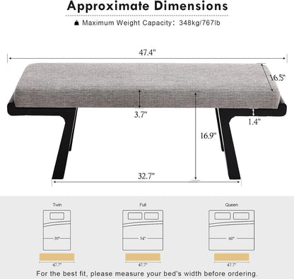 47" Upholstered Entryway Bench with Solid Wood Frame – Mid Century Modern End of Bed Bench, Dining Bench for Kitchen & Living Room, Grey
