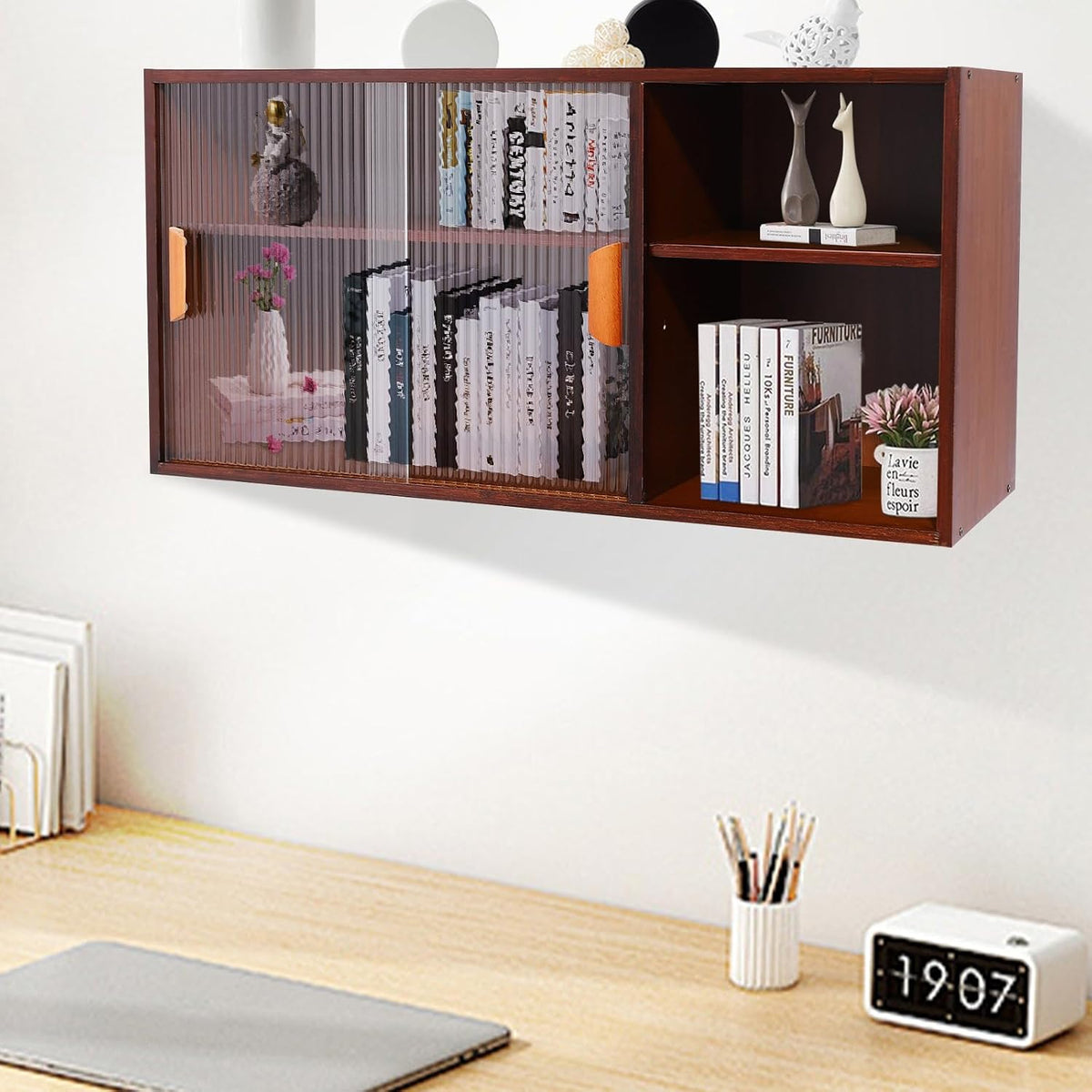 Kitchen Pantry Cabinet, Wall Mount or Countertop Sideboard with Glass Doors, 2 Tiers Rectangular Cupboard Food Pantry Cabinet for Kitchen, Dining Room, or Living Room (Walnut)