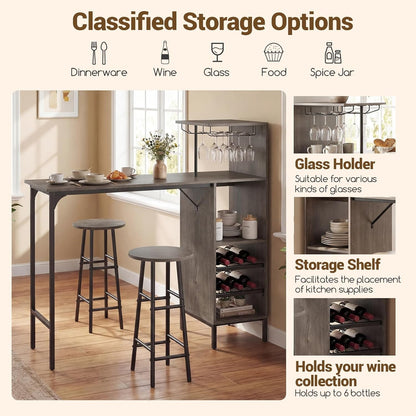 Giantex 3 Pieces Bar Table and Stools Set, Bistro Table Set with Glass Holder, 2 Tier Wine Rack & Storage Shelves, Kitchen Counter Table with 2 Stools for Home, Dining Room, Restaurant (Oak Gray)