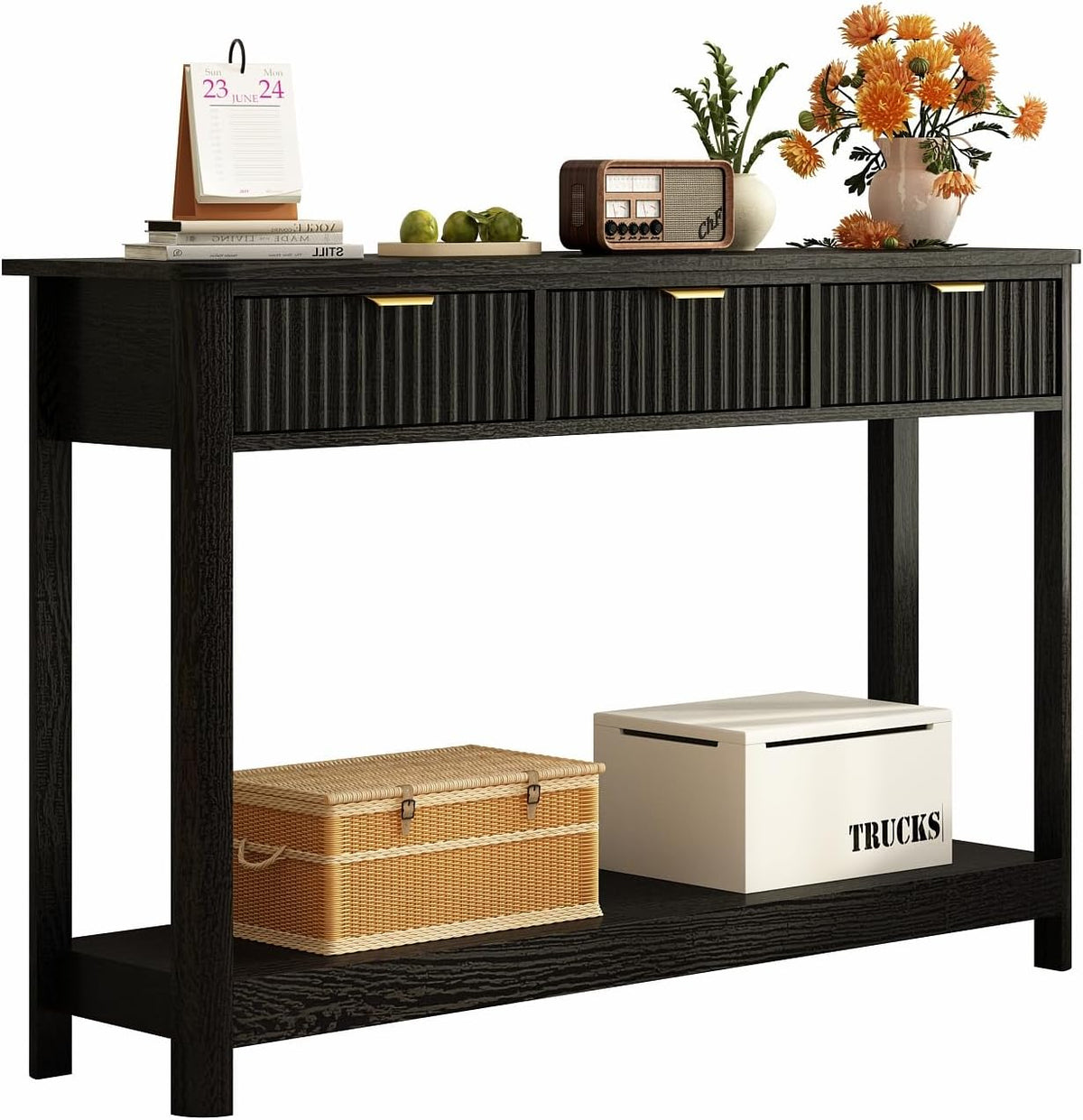 RUSTOWN Fluted Wood Console Table with 3 Drawers, Boho Narrow Behind Couch Entryway Table with Open Storage Shelf, Modern Sofa Table for Living Room, Foyer and Hallway (Black)