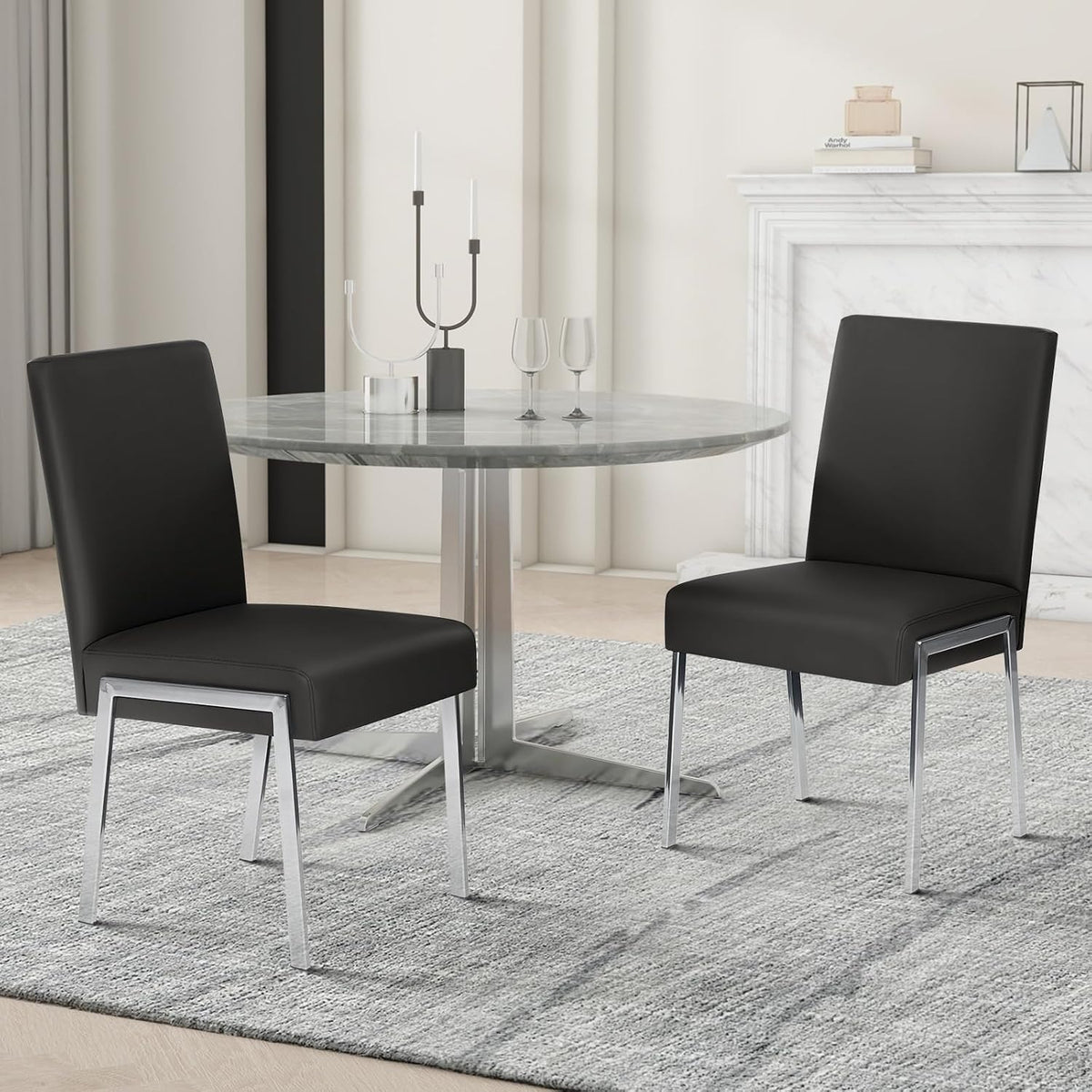 Modern Dining Chair Set of 2, Comfortable Dining Chair with Thick Cushions | Upholstered Leather Kitchen Side Chair with Metal Feet for Home, Kitchen, Living Room, Dining Room and Cafeteria, Black