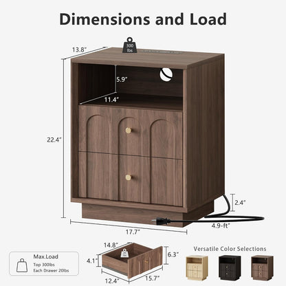FORTUNETEC 17.7" Nightstand with Charging Station, Arched Design, Walnut