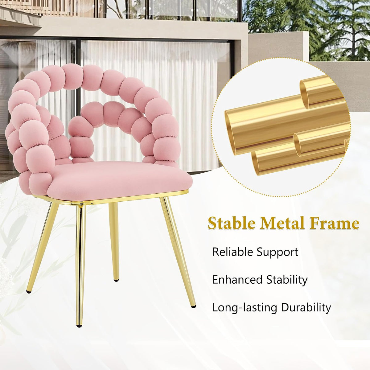 TesNus Velvet Dining Chairs Set of 2, Pink Upholstered Velvet Chairs with Gold Metal Legs, Modern Armchairs with Curved Backrest for Dining Room, Living Room, or Makeup Vanity
