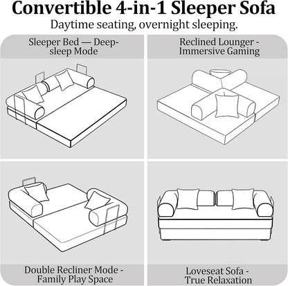 53.15'' Convertible Compressed Corduroy Folding Cloud Sofa Bed, Modern Pull Out Loveseat Sleeper in a Box, 4 in 1 Floor Mattress Futon Cloud Couch, No Assembly Needed, Orange, Pillows, Full