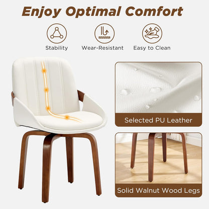 Swivel Dining Chairs, Mid Century Modern Faux Leather Dining Room Chairs with Arms, Upholstered Kitchen Vanity Accent Chair, Walnut Backrest Support & Sturdy Wood Legs (White, Set of 6)