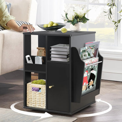 TooCust Rotating End Table with Storage, Square Rotating Side Table Living Room, Side Table with Magazine Holder, Basket and Cabinet, Swivel End Table with Multiple Storage (Black)