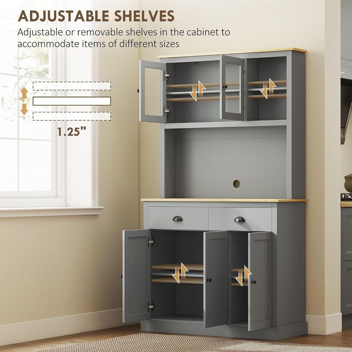 71-inch Height Kitchen Pantry, freestanding with Reversible Adjustable Shelves Three Heights, Wide countertop Cable Access, Gray and Yellow Oak Finish