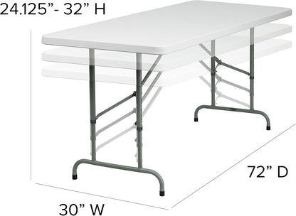 Flash Furniture 6-Foot Adjustable Plastic Folding Table, White | Bi-Fold, Carrying Handle, Commercial Grade, Easy Storage