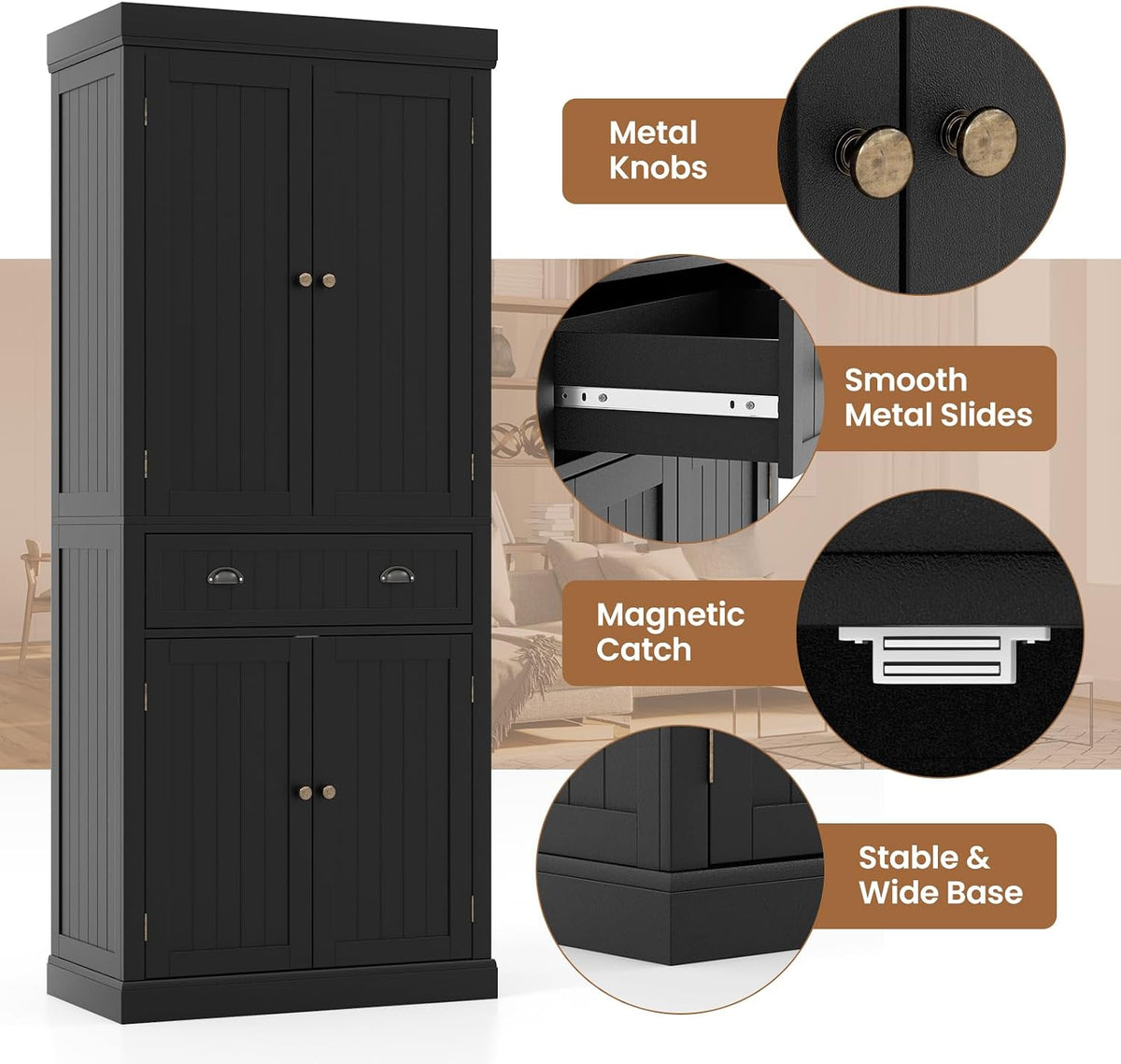 72" Kitchen Pantry Cabinet, Kitchen Cupboard with 2 Double-Doors Cabinet, Large Drawer, 4 Adjustable Shelves, Traditional Tall Storage Cabinets for Dining Room, Bathroom. Black