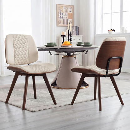 BV Dining Chairs Set of 2, PU Leather Armless Kitchen Chair in Modern Walnut Style, Mid Century Bentwood Side Chair with Wood Legs, Retro Accent Guest Chair for Kitchen Dining Room(Beige)