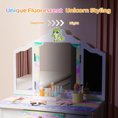 JOYMOR Luminous Unicorn Kids Vanity, 2-in-1 Toddler Vanity, w/Tri-Fold Mirror, 1 Drawer, Kids Vanity Table and Chair Set for Girls, Perfect Birthday