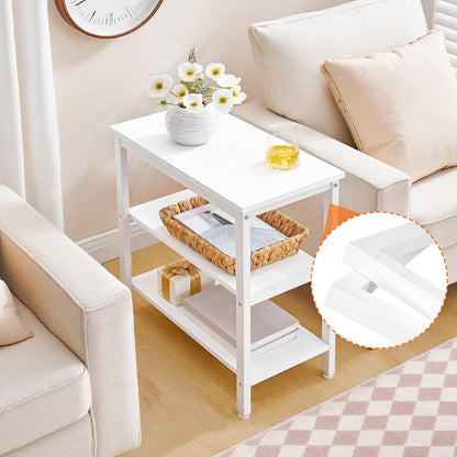 HOOBRO End Table, Simple Rustic Side Table with 3-Tier Storage Shelf, Narrow Nightstand for Small Spaces, Easy Assembly, for Living Room, Bedroom, Industrial Design, White WT14BZ01