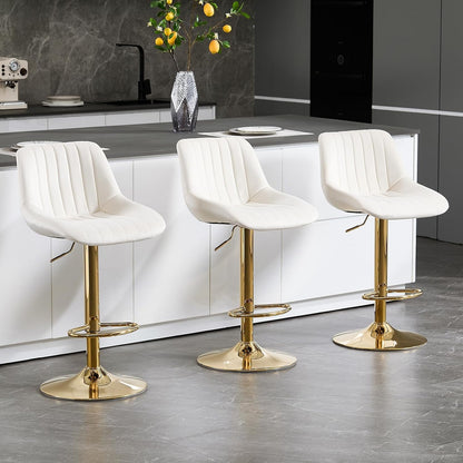 Barstools Set of 3, Golden-Cream, Adjustable Swivel Bar Stools | With Back, Armless Upholstered, Gold Bar Stool with Velvet Seat, For Kitchen Island/Cafe/Dining