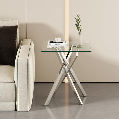 Modern Square End Table with Glass Top, Glass End Side Table for Living Room Office, 17.72 x 17.72 x 20.87 inches, Silver Metal X-Base, Adjustable Feet (1, Silver)
