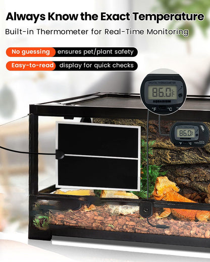 MQ Reptile Terrarium Heat Pad with LCD Digital Aquarium Thermometer, 11 x 16.5in Power Adjustment Under Tank Heater Mat for Pets, Small Animals, Seedling, 20W