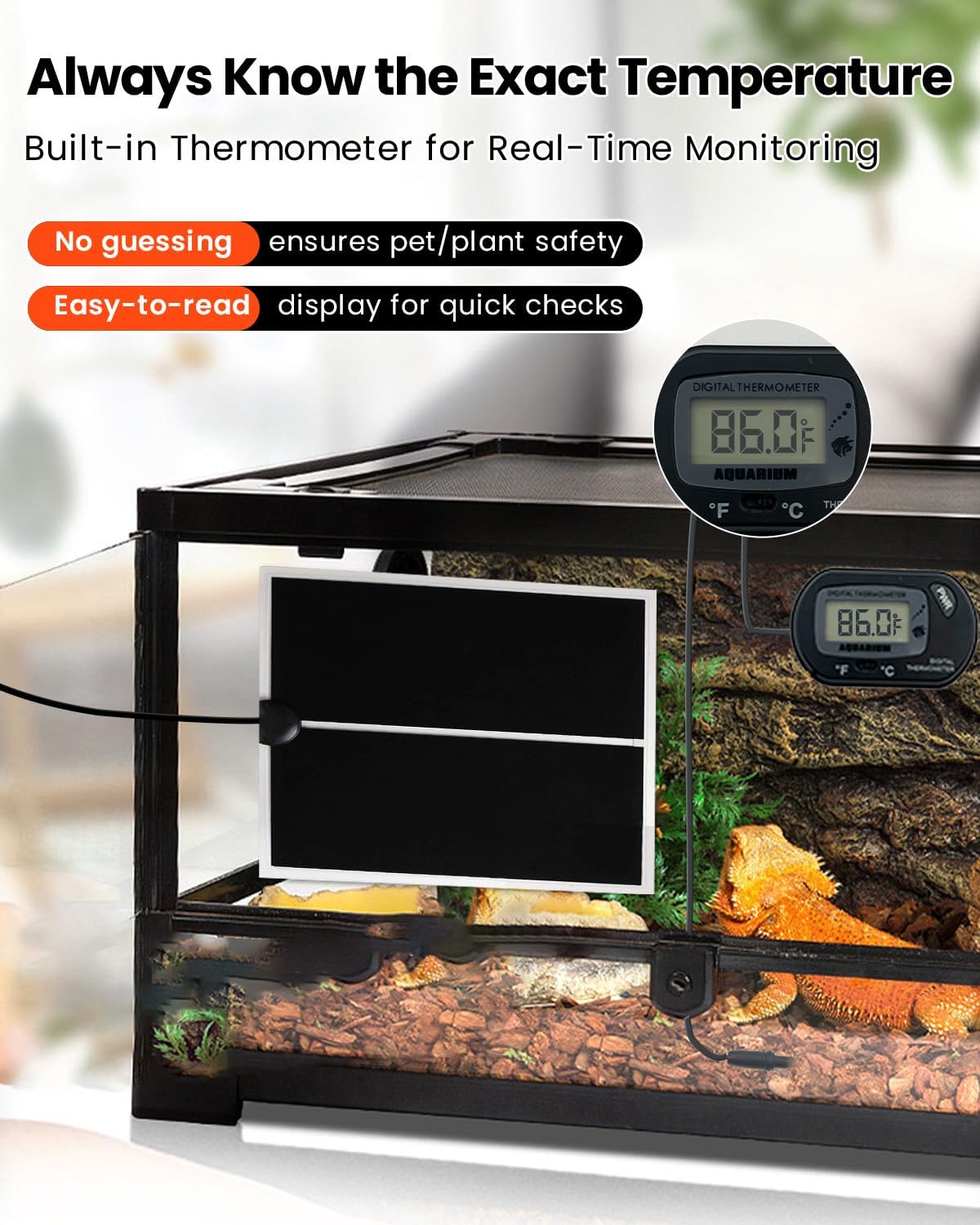 MQ Reptile Terrarium Heat Pad with LCD Digital Aquarium Thermometer, 11 x 11in Power Adjustment Under Tank Heater Mat for Pets, Small Animals, Seedling, 14W