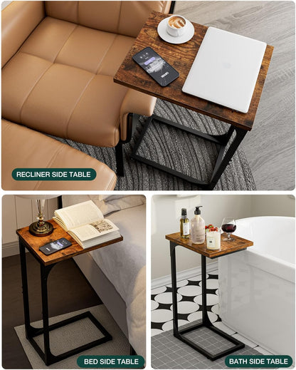 C-Shaped Side Table for Couch - Small Coffee Stand Sofa Tray Desk with Metal Frame and Waterproof Scratch Resistant, Modern End Accent for Living Room, Bedroom, Small Spaces, Rustic Brown