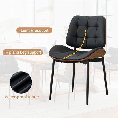 Upholstered Dining Chairs Set of 6, Mid Century Modern Faux Leather Dining Chairs with Walnut Bentwood Back and Metal Legs for Dining Room, Restaurant, Café, Black